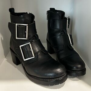 Frye Black Sabrina Double Buckle Heeled Booties